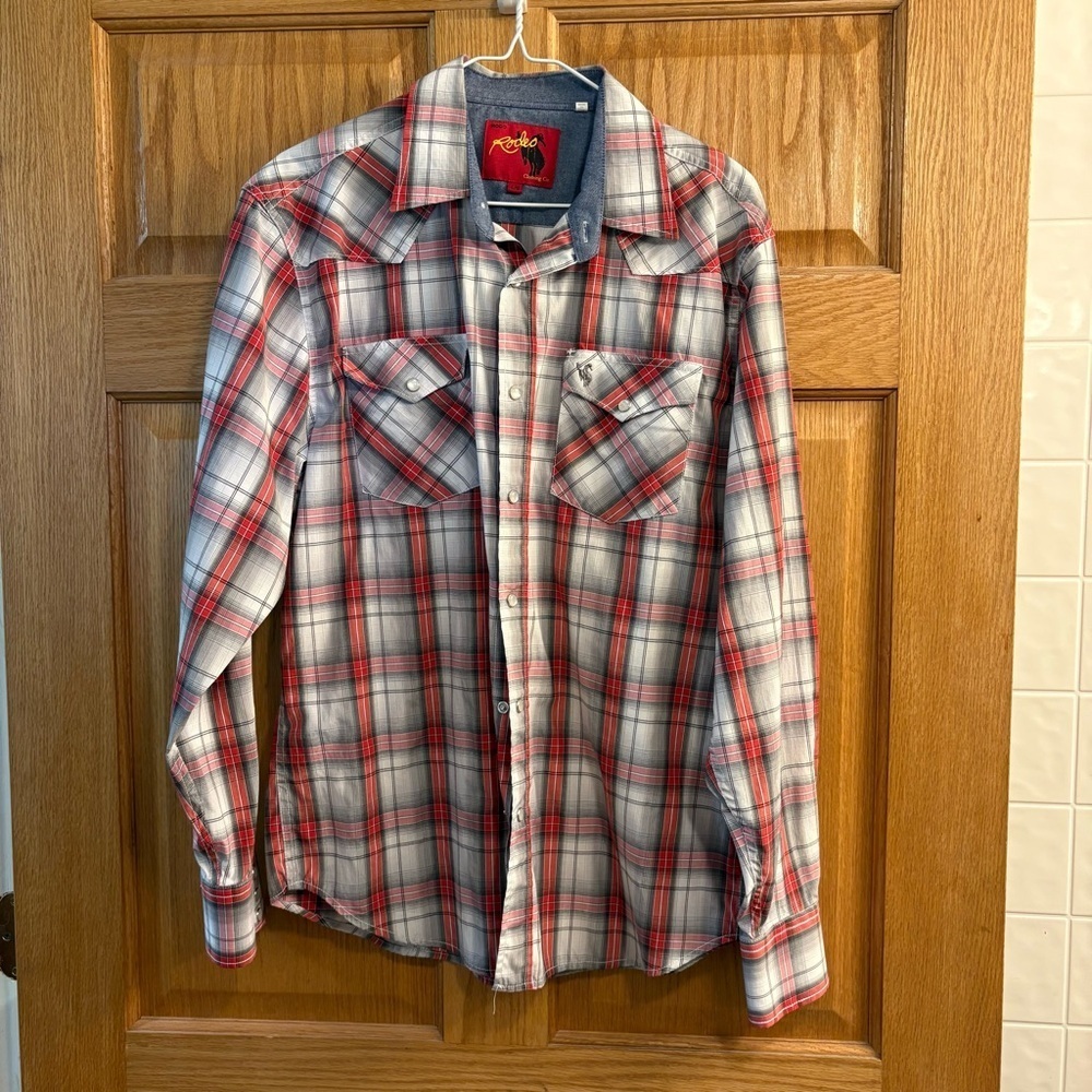 RCCO Rodeo Clothing Co. Red Black Plaid Shirt Western Pearl Snap Men’s L LARGE